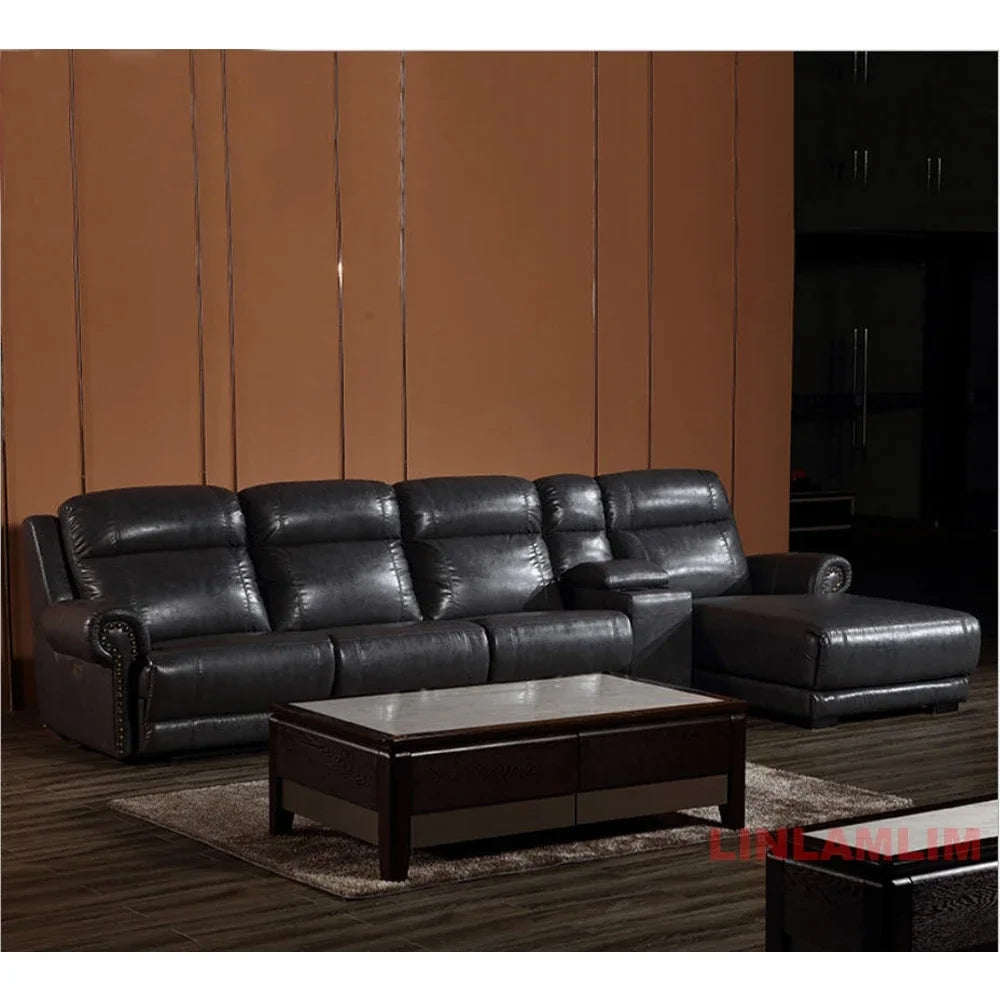 MINGDIBAO Luxuriöses Sofa-Set aus echtem Leder mit elektrischer Relaxfunktion, L-förmige elektrische Relax-Couch mit Nagelverzierung, Heimkinositz