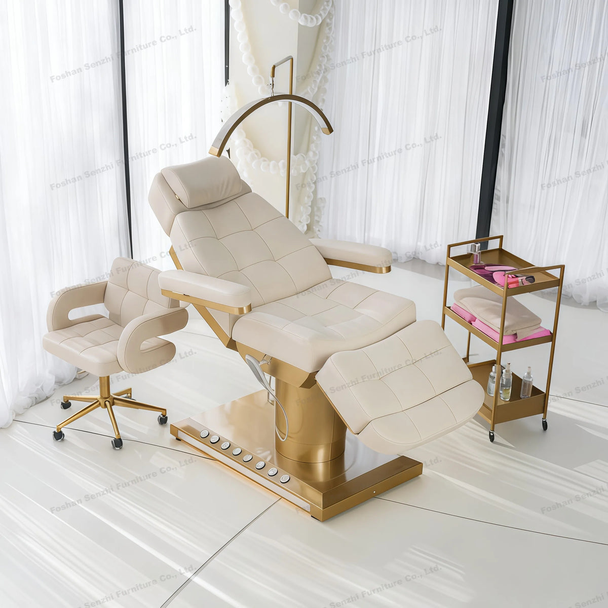 Luxuriöses elektrisches Schönheitsbett mit goldenem Sockel, Leder-Massagebett, Salon-Gesichts-Wimpernliege mit Beleuchtung