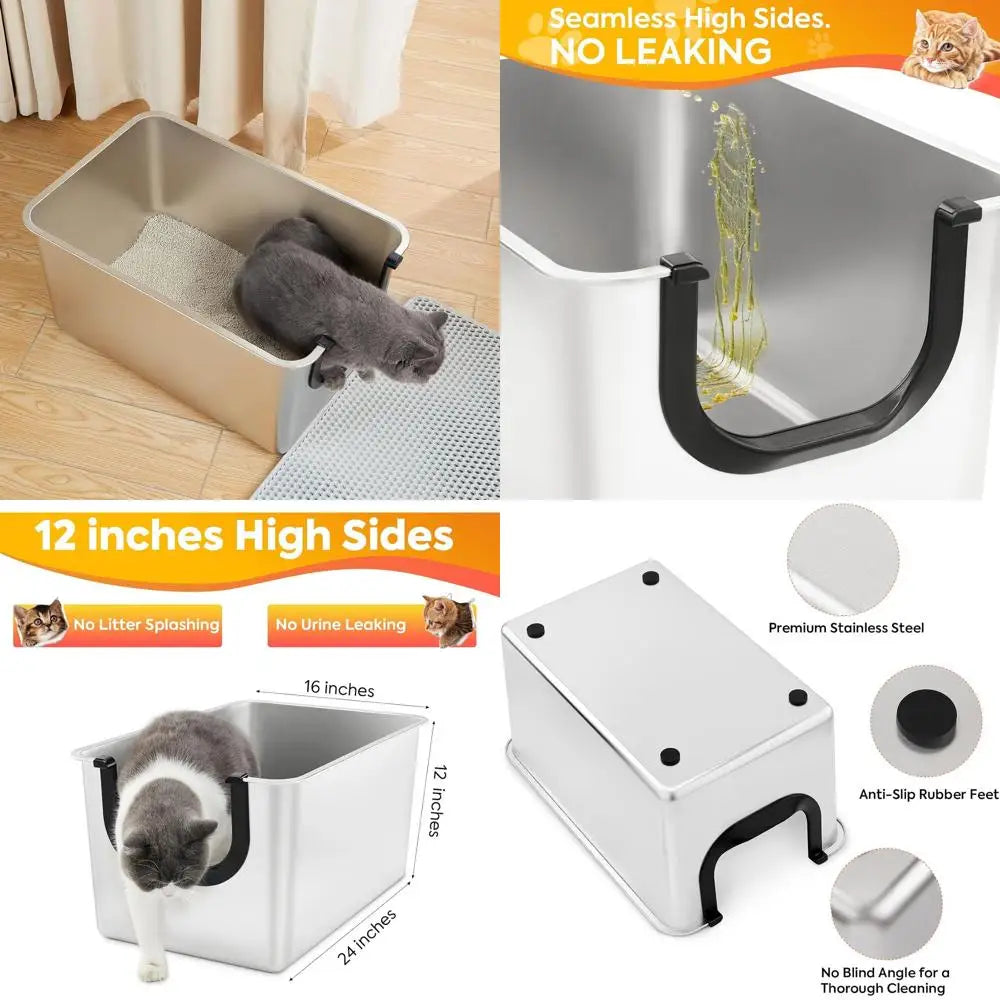 Bac à litière géant en acier inoxydable avec parois hautes pour le contrôle de l'urine et du litière, adapté aux chatons et aux chats âgés, anti-adhésif