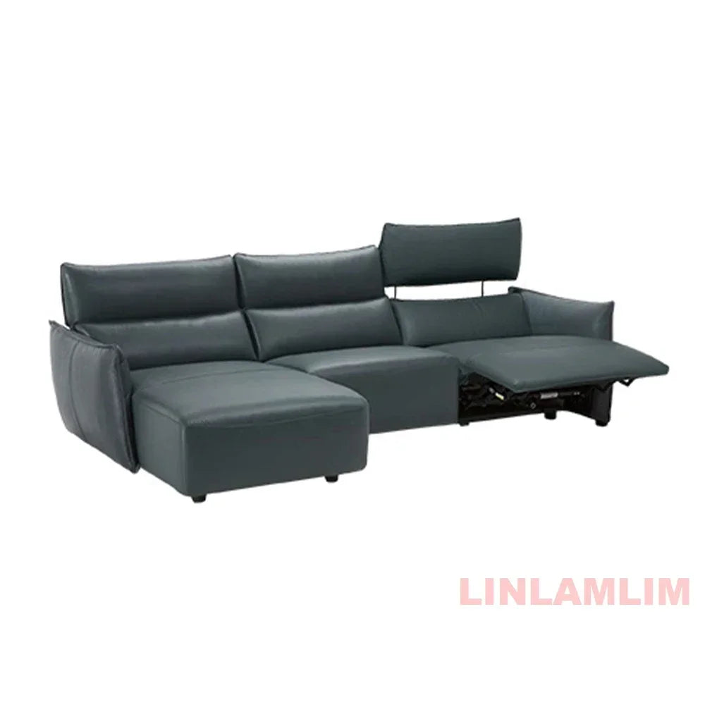 QY Ecksofa mit zwei Motoren, elektrischer Relaxfunktion, echtem Leder und verstellbaren Kopfstützen, L-förmige Eckcouch mit Chaiselongue
