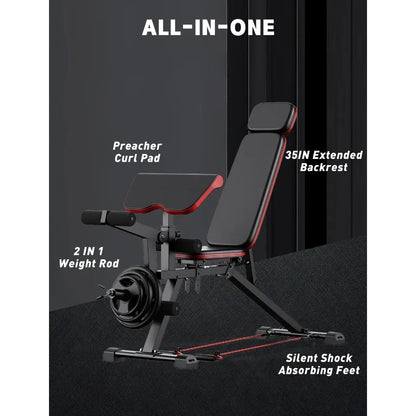 Adjustable Weight Bench, Professional Workout Bench with Leg Extension and Leg Curl, Heavy Duty Benches with Resistance Bands, F