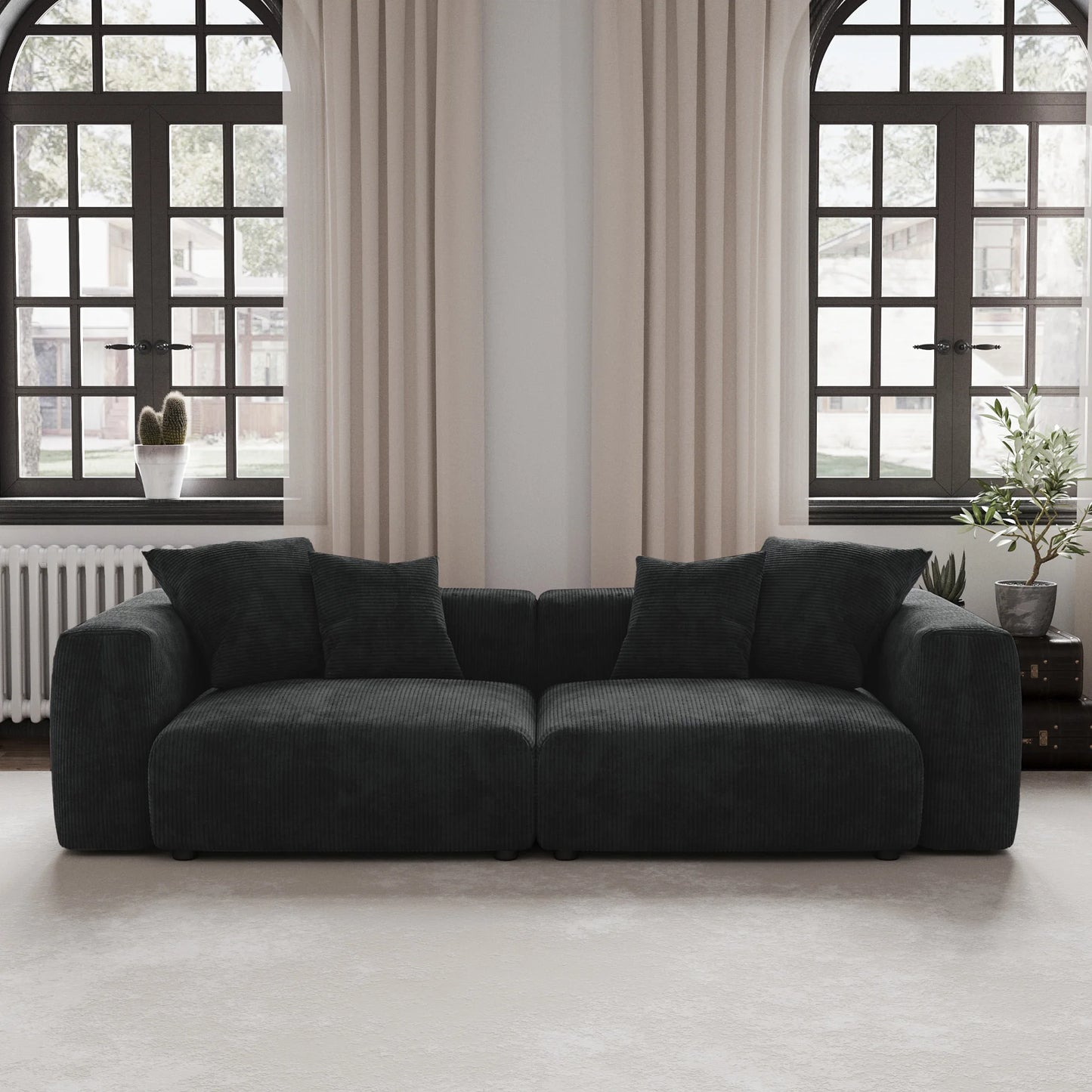 Modernes Cord-Sofa mit 4 Kissen, 102" L-förmiges Sofa mit Chaiselongue und Ottoman, Hartholzrahmen-Sofa für das Wohnzimmer