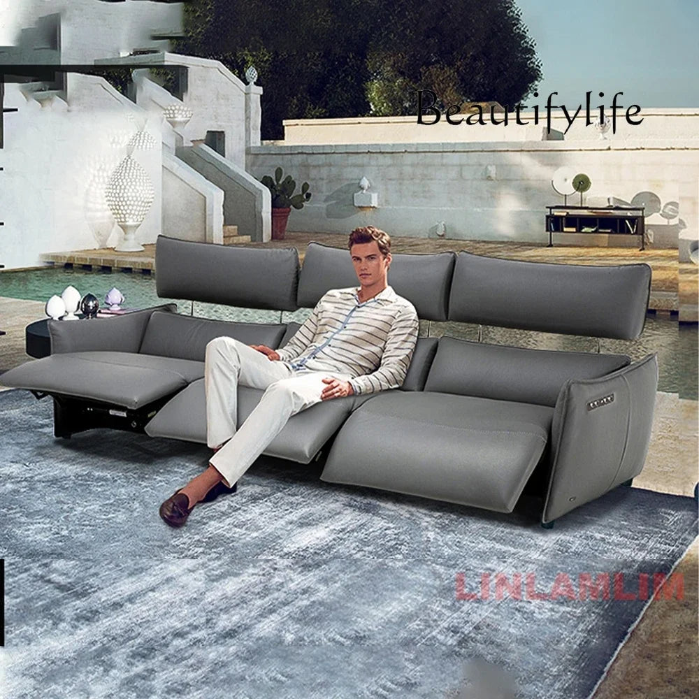 QY Ecksofa mit zwei Motoren, elektrischer Relaxfunktion, echtem Leder und verstellbaren Kopfstützen, L-förmige Eckcouch mit Chaiselongue