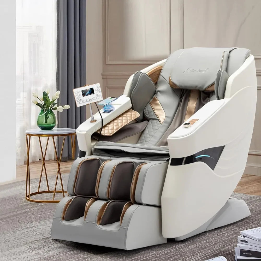 Ganzkörper-Massagesessel, SL-Track Zero-Gravity-Massagesessel mit Heizung, Bluetooth-Lautsprecher, KI-Sprachsteuerung, Weiß
