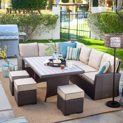 Nordisches Rattan-Sofa-Set – Outdoor-Ecksofas mit Couchtisch für Hof, Balkon, Terrasse und Garten