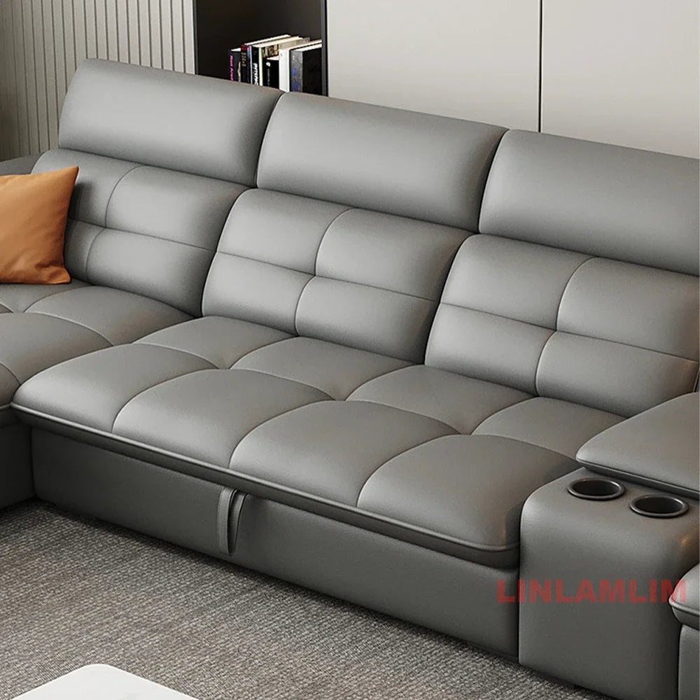 Modernes elektrisches Schlafsofa mit verstellbarer Rückenlehne, L-förmiges, multifunktionales italienisches Echtleder-Sofa