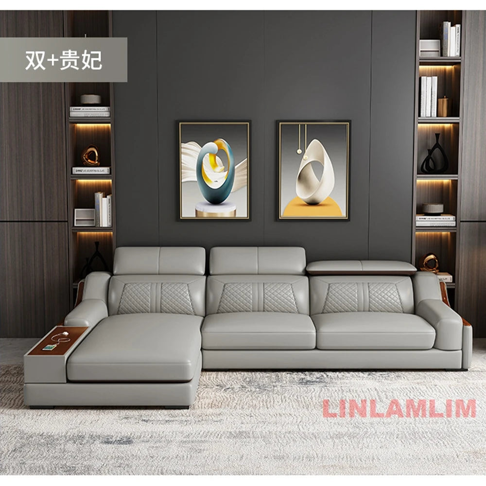 Modernes U-förmiges Ecksofa-Set mit Chaiselongue, echtes Leder Sofa mit Ablagetisch, USB – Große Wohnzimmermöbel