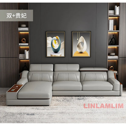 Modernes U-förmiges Ecksofa-Set mit Chaiselongue, echtes Leder Sofa mit Ablagetisch, USB – Große Wohnzimmermöbel