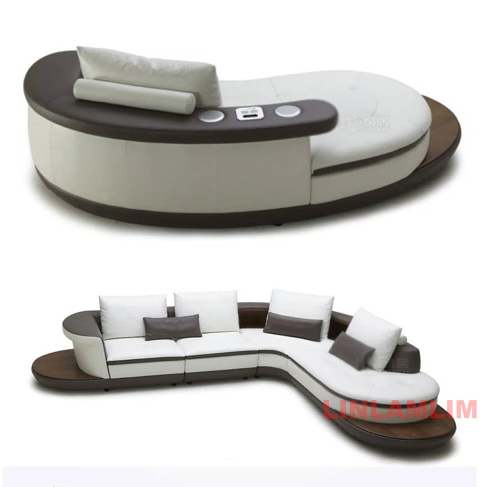 Modernes Luxus-Sofa-Set aus echtem Leder mit Lautsprecher und USB, U-förmiges Wohnzimmersofa mit Ablageregalen
