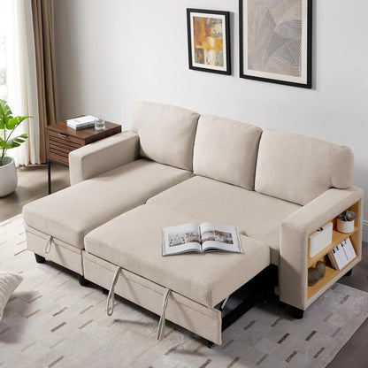 80" Schlafsofa, L-förmige Schlafcouch mit Stauraum, 2 integrierte Bücherregale und USB-Ladeanschluss