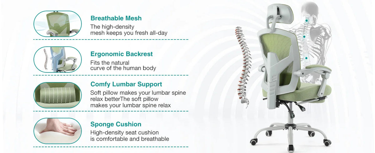JHK Ergonomischer Liege-Gaming-Stuhl mit hoher Rückenlehne aus Mesh, Wohnzimmer-Schaukelstuhl, Bürostuhl, Drehstuhl, Rollstuhl, Lendenstützkissen