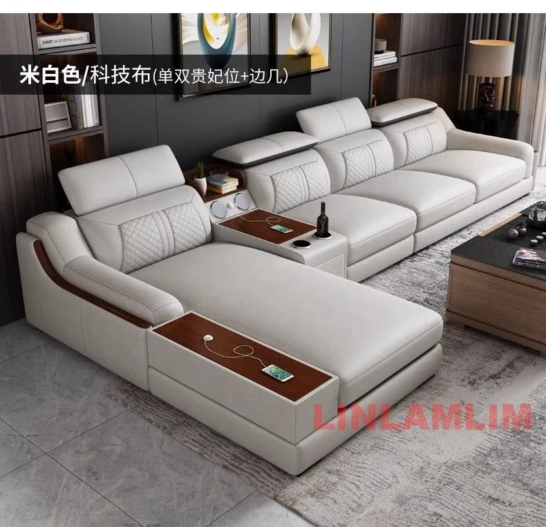 Modernes U-förmiges Ecksofa-Set mit Chaiselongue, echtes Leder Sofa mit Ablagetisch, USB – Große Wohnzimmermöbel