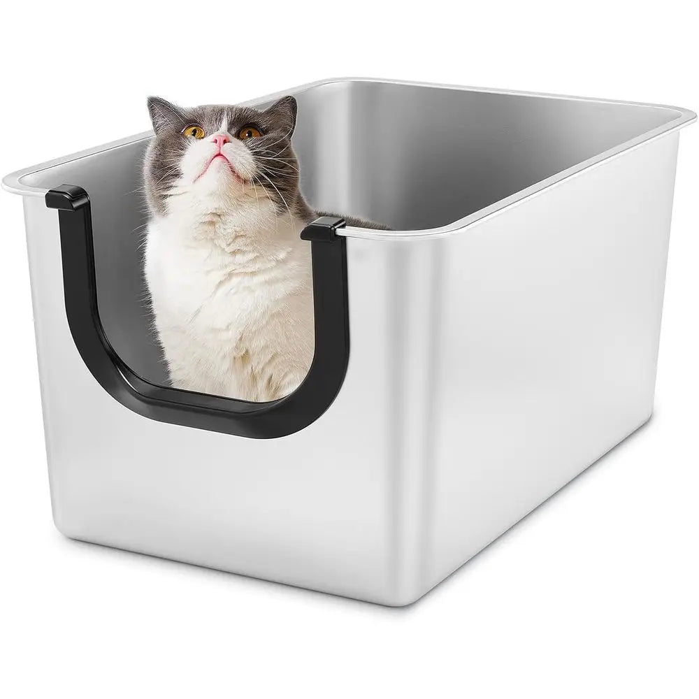 Bac à litière géant en acier inoxydable avec côtés hauts pour une rétention efficace de l'urine et du litière, adapté aux chatons et aux chats âgés