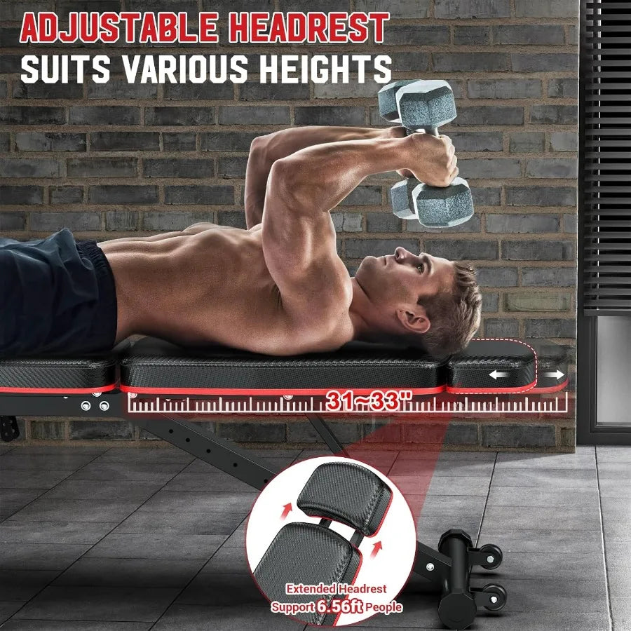 Verstellbare Hantelbank mit Beinpresse und Beincurl-Funktionen für das Home-Gym, verlängerte Kopfstütze für mehr Komfort, trägt bis zu 900L