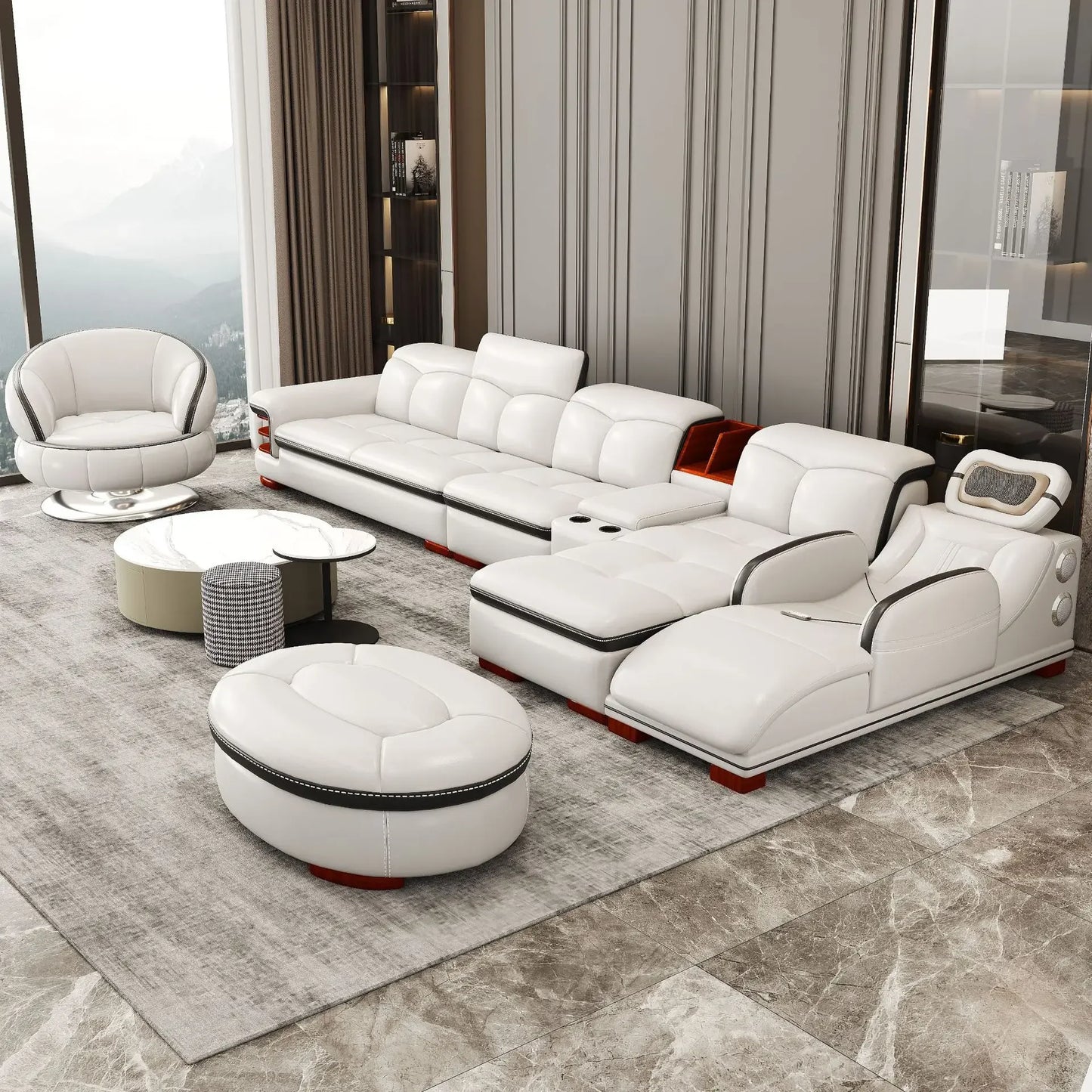 Luxuriöse L-förmige Sektionssofas aus echtem Leder mit USB- und Bluetooth-Lautsprecher – MINGDIBAO Wohnzimmer Italienische Ledersofas