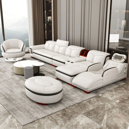 Luxuriöse L-förmige Sektionssofas aus echtem Leder mit USB- und Bluetooth-Lautsprecher – MINGDIBAO Wohnzimmer Italienische Ledersofas
