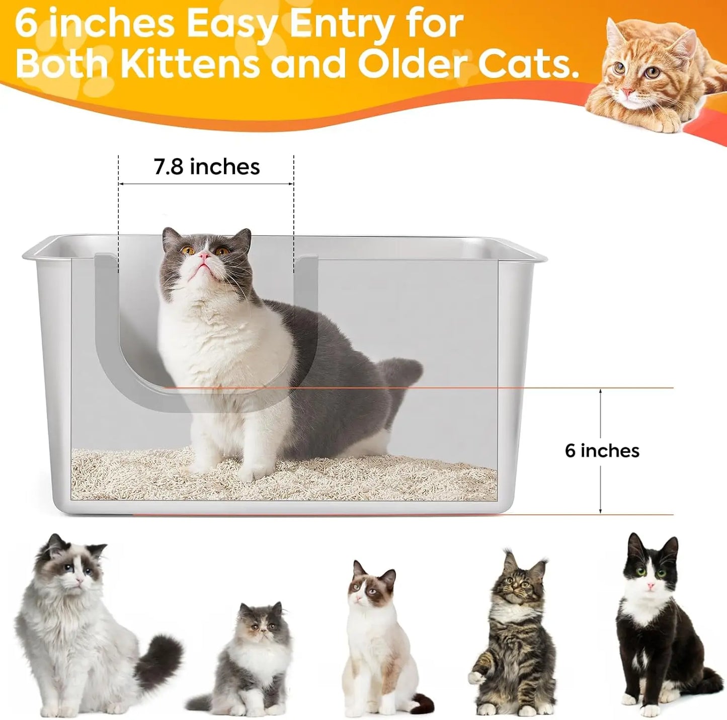 Bac à litière pour chat en acier inoxydable extra large avec côtés hauts, étanche et facile d'accès pour tous les chats
