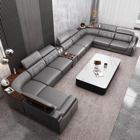 Modernes U-förmiges Ecksofa-Set mit Chaiselongue, echtes Leder Sofa mit Ablagetisch, USB – Große Wohnzimmermöbel