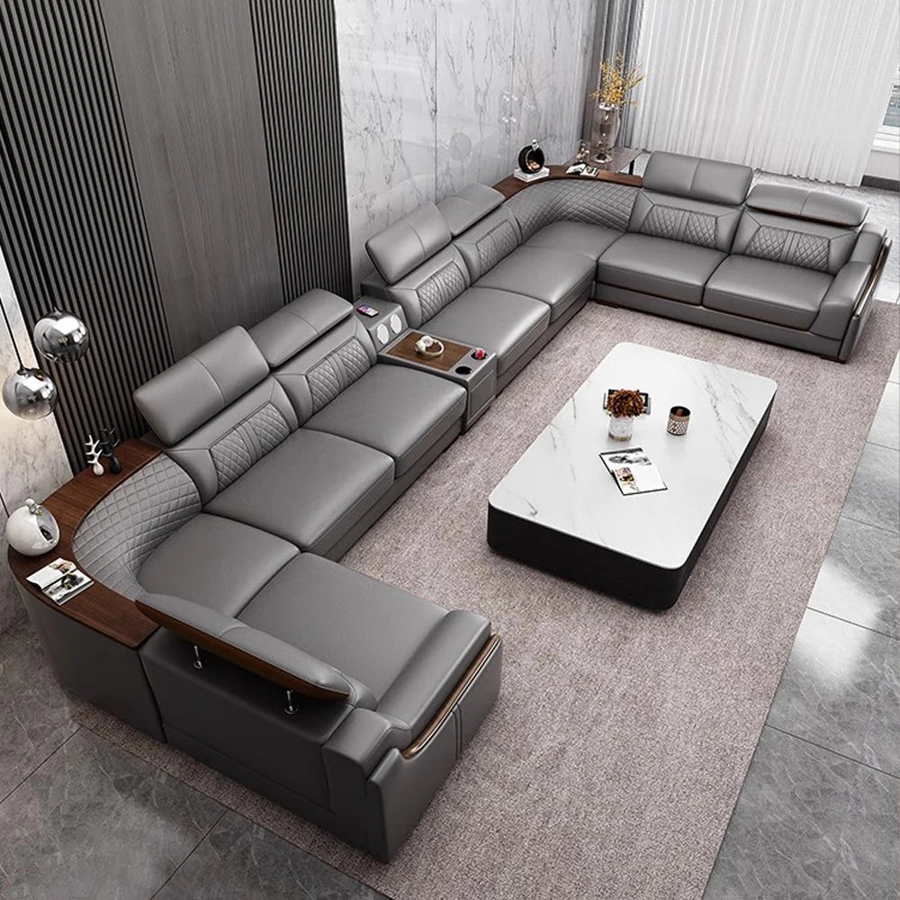 Modernes U-förmiges Ecksofa-Set mit Chaiselongue, echtes Leder Sofa mit Ablagetisch, USB – Große Wohnzimmermöbel