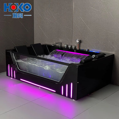 HOKO Schwarzer Indoor-Whirlpool, Spa-Badewanne mit Wasserfall, Massage-Badewanne mit Whirlpool-Düsen, Hydromassage-Badewanne