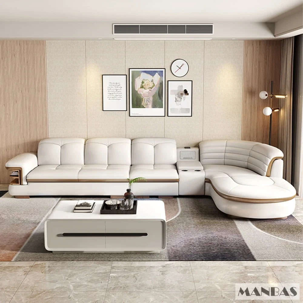 Luxuriöse L-förmige Sektionalsofa-Sets aus echtem Leder mit USB, Bluetooth-Lautsprecher – Linlamlim Wohnzimmer italienische Ledersofas