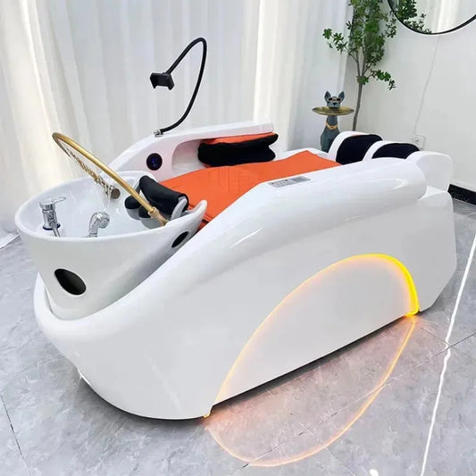 2025 Neuestes Head-Spa-Shampoo-Bett mit Dampf-Nachttisch und Waschbecken im Wohnzimmer, elektrisches Shampoo-Bett mit Rückenlehne und zwei Wasserhähnen