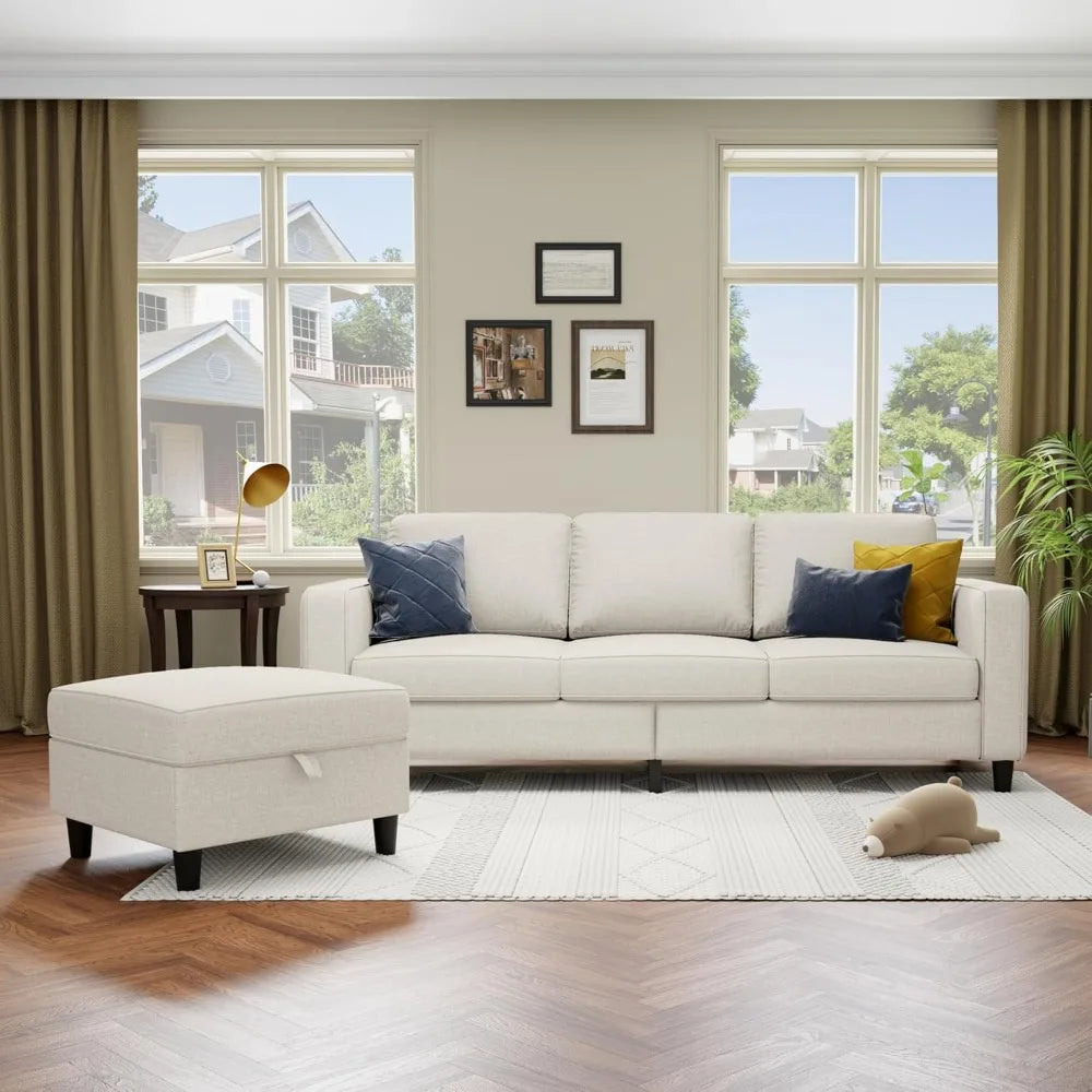 78 L-förmiges beigefarbenes Leinen-Haustierfreundliches modulares 3-Sitzer-Schlafsofa für das Wohnzimmer