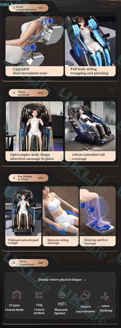 Neuer Dual Core Massagesessel 2025 Fortschrittlicher 4D Zero Gravity Body Scan Ganzkörper-Airbag Shiatsu Rücken- und Fußrollen-Liegesessel für Zuhause