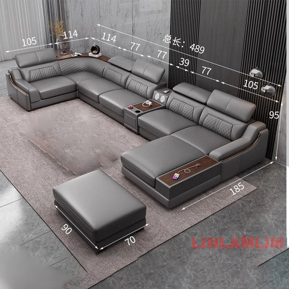 Modernes U-förmiges Ecksofa-Set mit Chaiselongue, echtes Leder Sofa mit Ablagetisch, USB – Große Wohnzimmermöbel