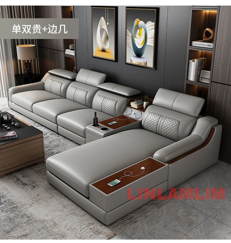 Modernes U-förmiges Ecksofa-Set mit Chaiselongue, echtes Leder Sofa mit Ablagetisch, USB – Große Wohnzimmermöbel