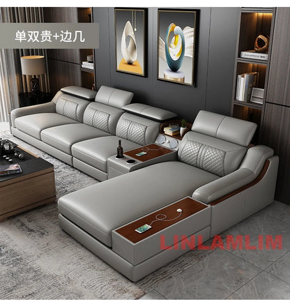 Modernes U-förmiges Ecksofa-Set mit Chaiselongue, echtes Leder Sofa mit Ablagetisch, USB – Große Wohnzimmermöbel