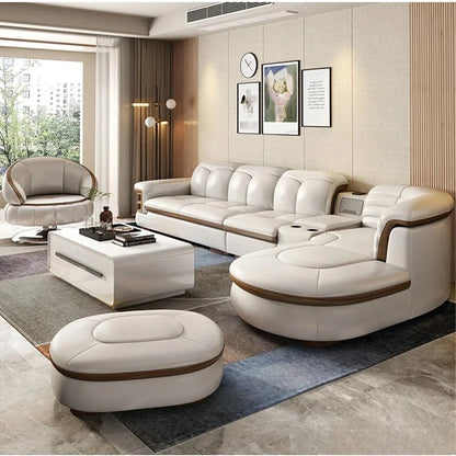 Luxuriöse L-förmige Sektionssofas aus echtem Leder mit USB- und Bluetooth-Lautsprecher – MINGDIBAO Wohnzimmer Italienische Ledersofas