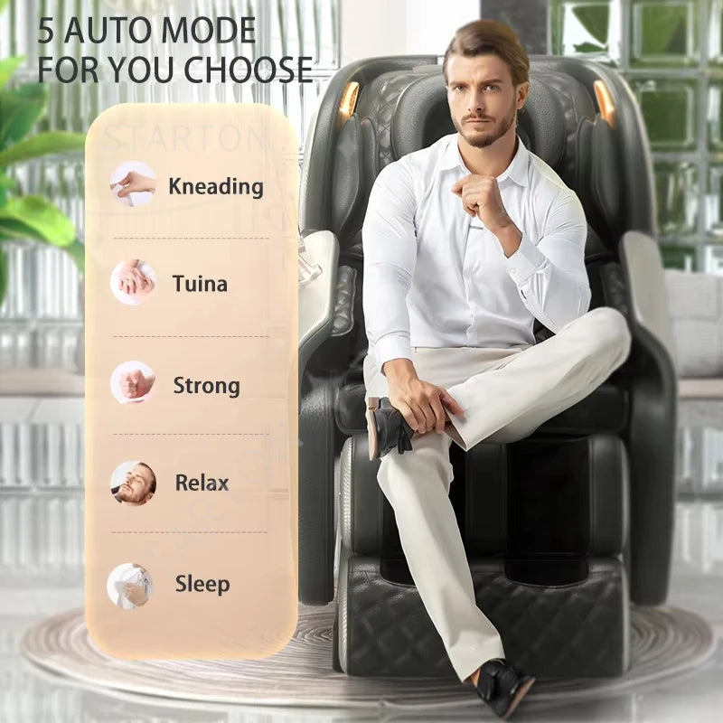 Luxuriöser Ganzkörper-Schwerelosigkeit-Massagesessel, PU-Leder, verstellbare Fußmassage, Kopfmassage, Sitz für Nacken, Taille, Bein, moderne Freizeit
