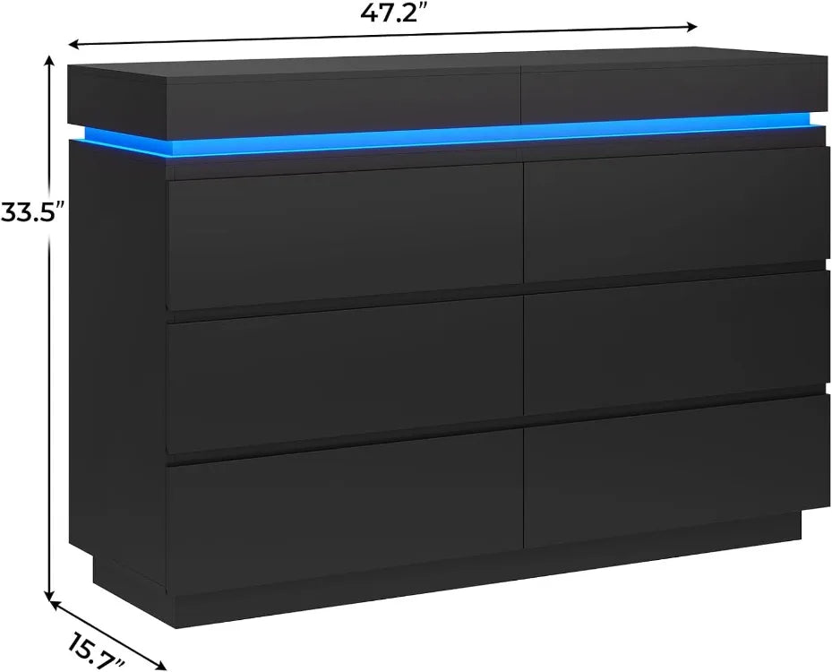 Modern 6 Drawer Dresser with Sliding Desktop, Wide Chest of Drawers with Charging Station & LED Lights, Large Storage Tow