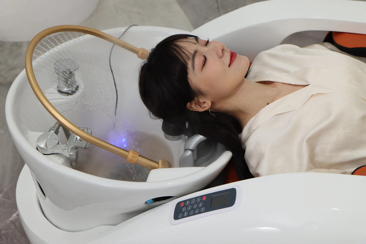 Luxuriöses automatisches Massage-Shampoo-Bett mit ergonomischem Design, LED-Lichtleiste, ideal zum Haarewaschen und Entspannen im Salon