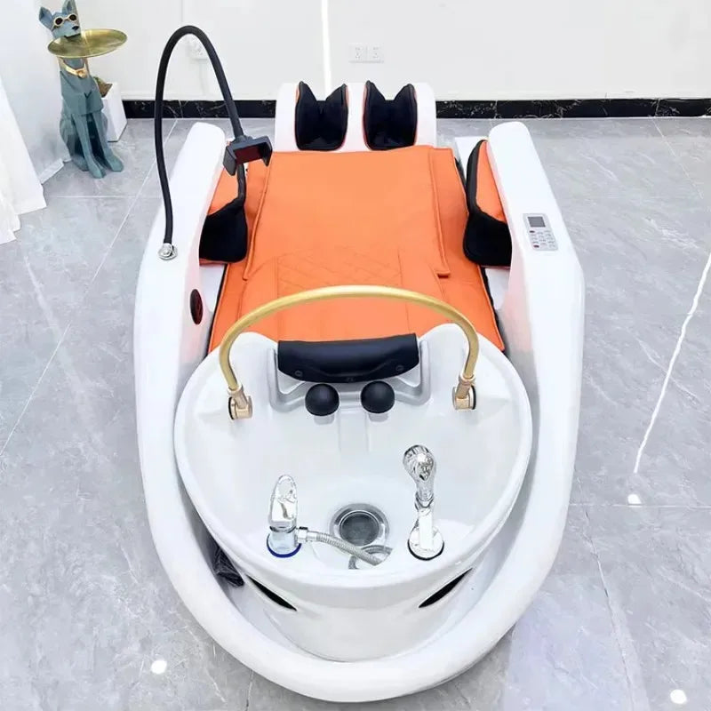 2025 Neuestes Head-Spa-Shampoo-Bett mit Dampf-Nachttisch und Waschbecken im Wohnzimmer, elektrisches Shampoo-Bett mit Rückenlehne und zwei Wasserhähnen