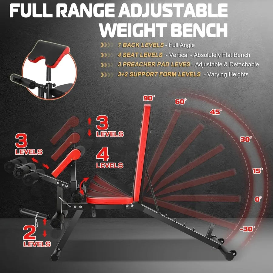Adjustable Weight Bench Set with Leg Extension and Leg Curl Functions 800LBS Capacity Preacher Curl Bench Offering Incline Decl