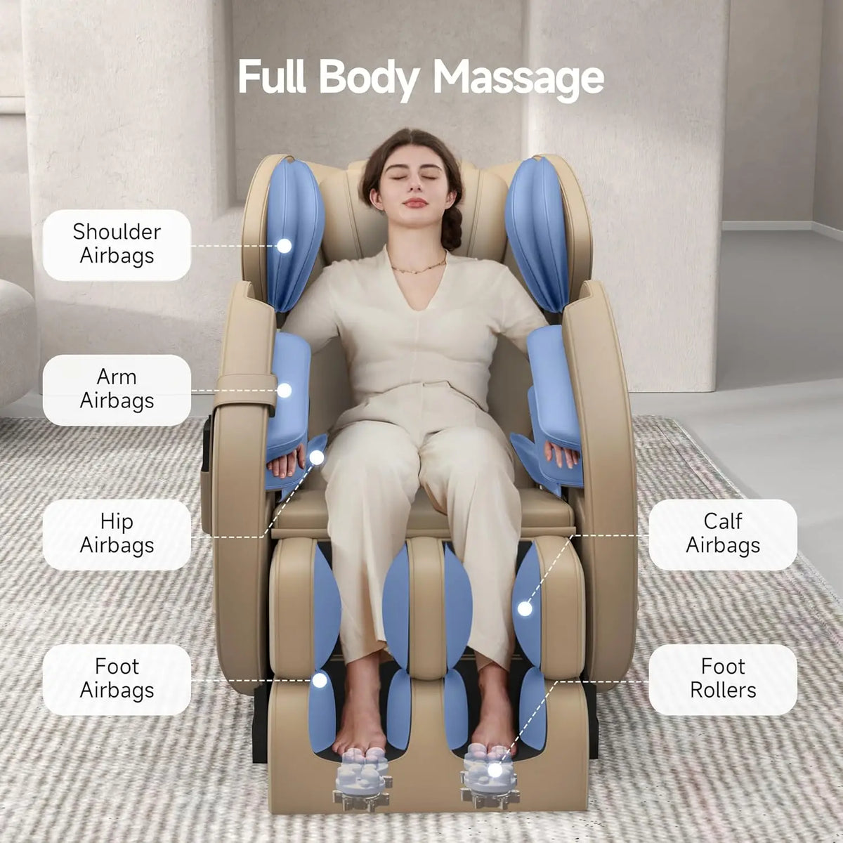 Liegesessel, Ganzkörper-Airbag-Massage, One-Touch-Schwerelosigkeit, Fußroller und Bluetooth, für Zuhause