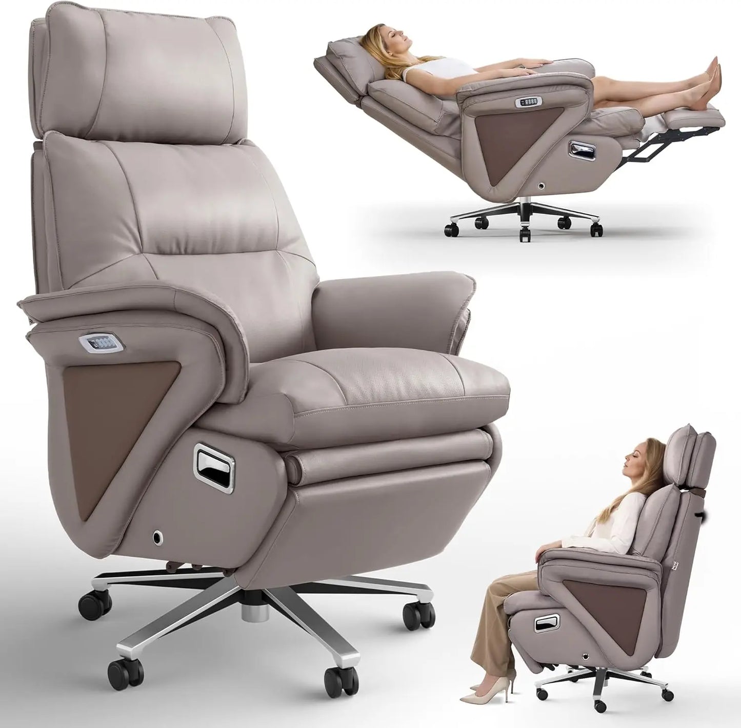 Dual Motor Electric Executive Office Chair with Heat Massage Ventilation, 180° Lay-Flat Reclining Office Chair with Footrest