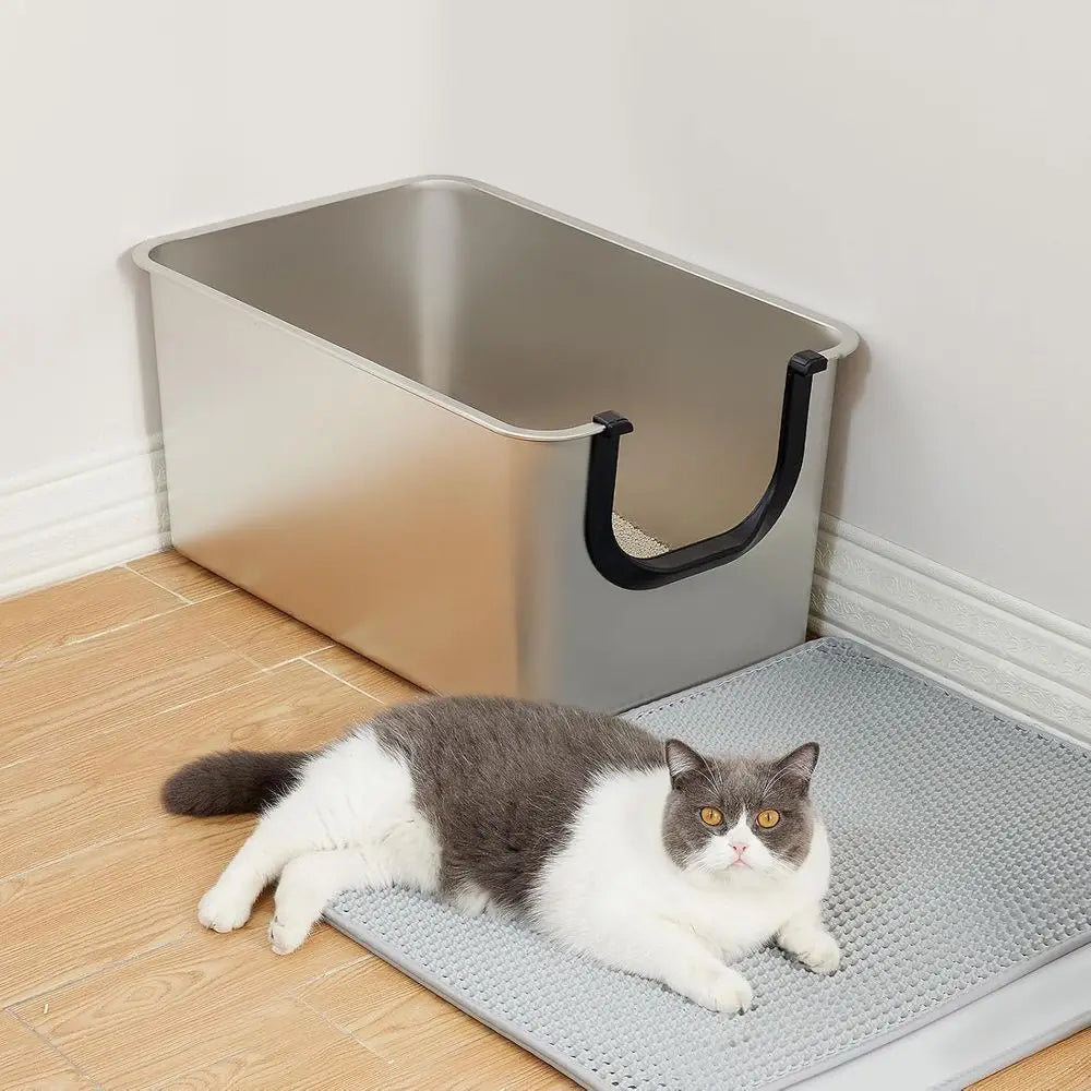 Bac à litière géant en acier inoxydable avec côtés hauts pour une rétention efficace de l'urine et du litière, adapté aux chatons et aux chats âgés