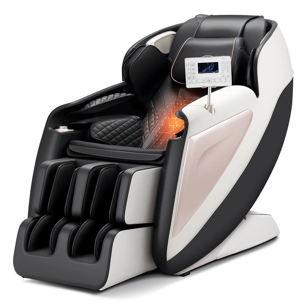 SucceBuy Massagesessel 4D Ganzkörper-Schwerelosigkeitssessel mit SL-Schiene, Dehnungsfunktion, KI-Sprachsteuerung, Heizung, Fußrollen und einziehbarer Fußstütze