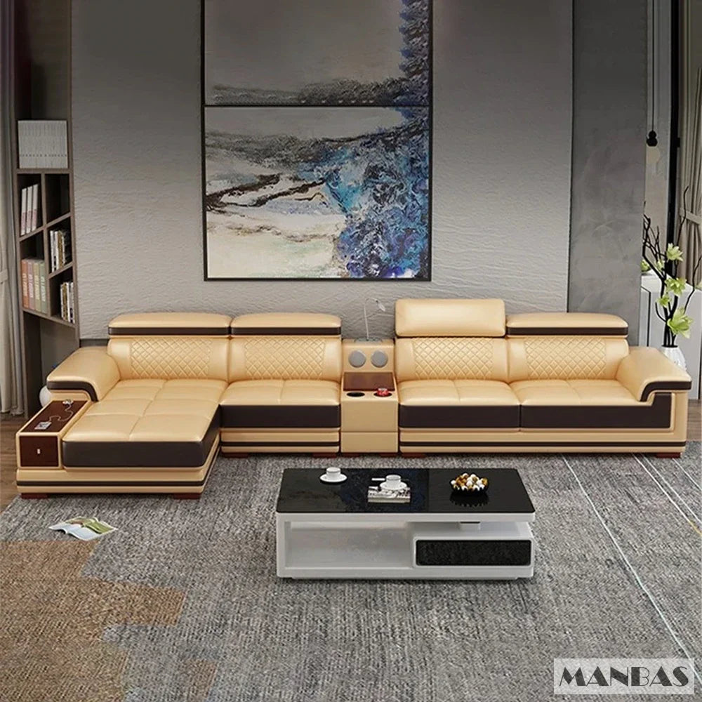 Modernes Luxus-Ecksofa aus echtem Leder mit Recamiere, verstellbarer Kopfstütze, integriertem Stauraum, USB-Ladefunktion, Getränkehalter