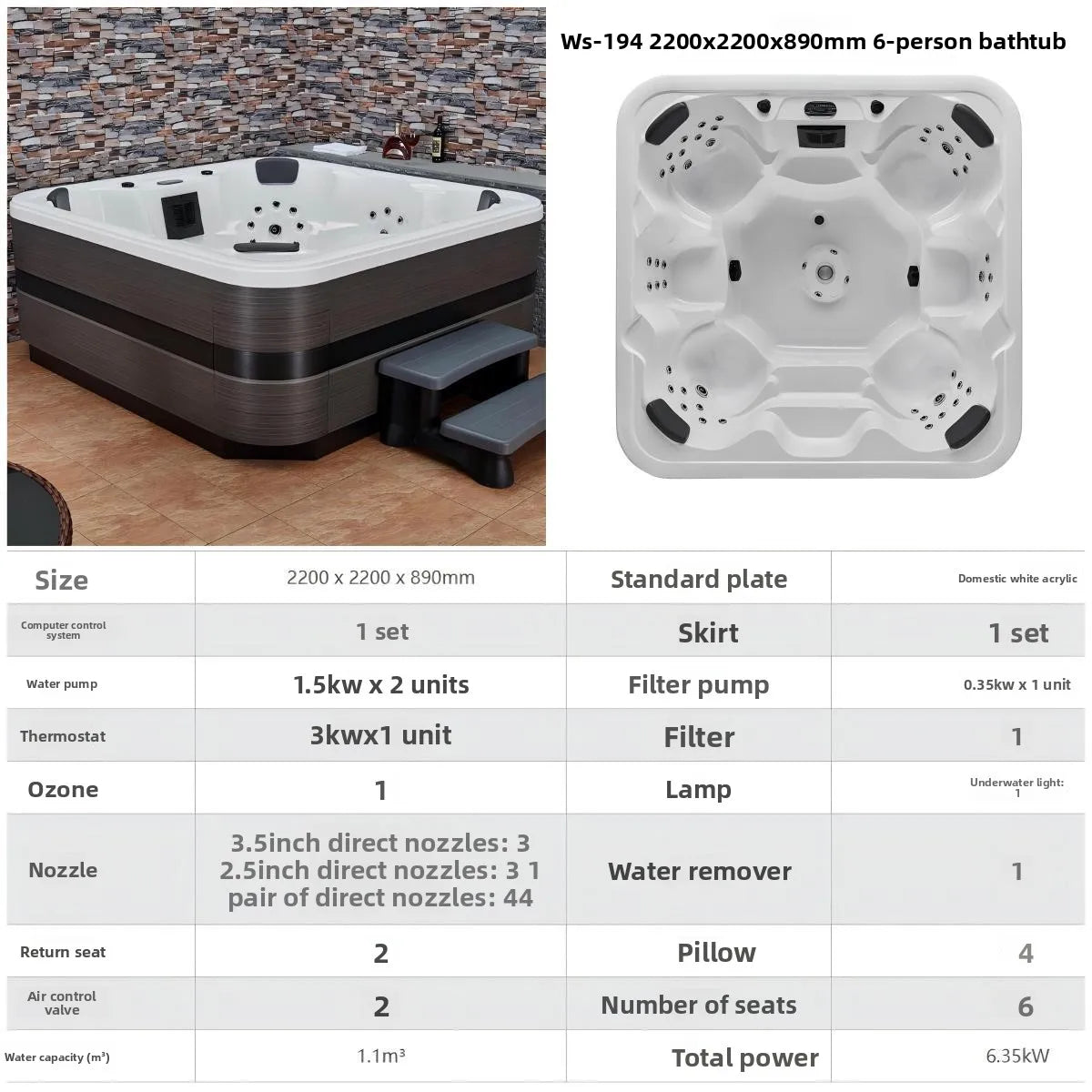 Outdoor-Jacuzzi-SPA-Whirlpool, großer Acryl-Massagebadewanne, intelligenter thermostatisch beheizter Pool, Villa, Hof, Hotel, Resort