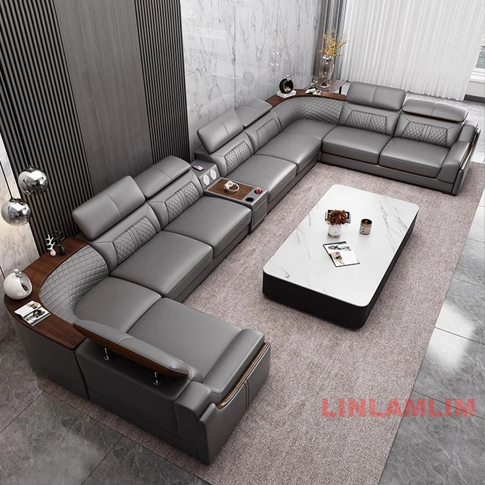 Modernes U-förmiges Ecksofa-Set mit Chaiselongue, echtes Leder Sofa mit Ablagetisch, USB – Große Wohnzimmermöbel
