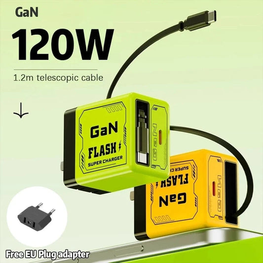 35W Retractable Wall Charger – Fast Charging Adapter with Foldable Plug & Built-in Type-C Cable for Android, iPhone & Tablets