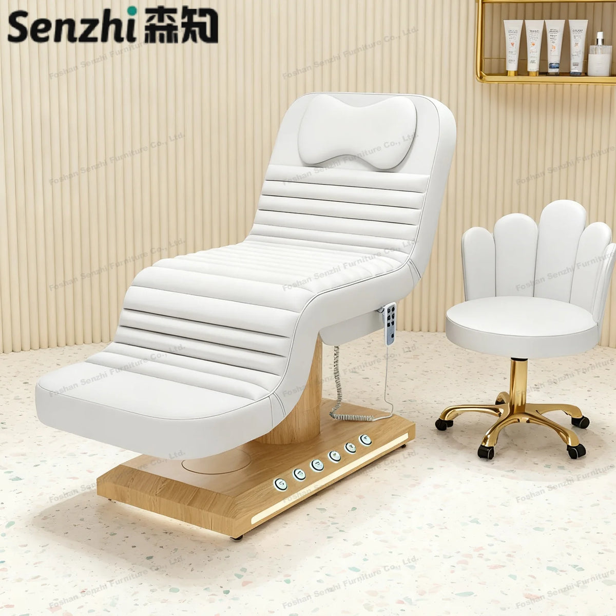 Luxuriöses elektrisches Schönheitsbett mit goldenem Sockel, Leder-Massagebett, Salon-Gesichts-Wimpernliege mit Beleuchtung