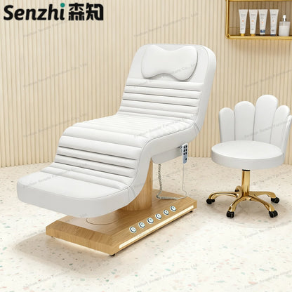 Luxuriöses elektrisches Schönheitsbett mit goldenem Sockel, Leder-Massagebett, Salon-Gesichts-Wimpernliege mit Beleuchtung