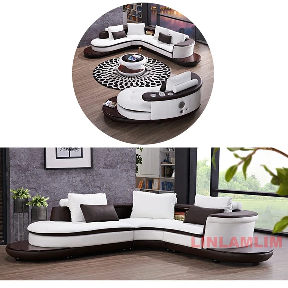 Modernes Luxus-Sofa-Set aus echtem Leder mit Lautsprecher und USB, U-förmiges Wohnzimmersofa mit Ablageregalen