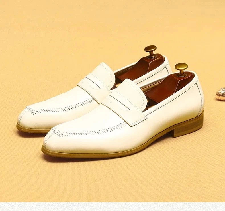 British Trend Men’s Dress Shoes – Luxury White Leather Loafers for Weddings & Business