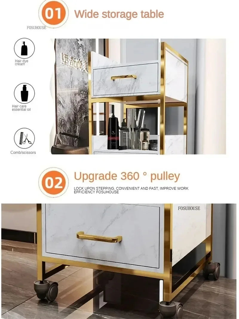 Spezielle Salon-Rollwagen Schrank Friseursalon Kommerzielle Möbel Barbier-Shop Multifunktionaler Aufbewahrungswagen mit Schublade